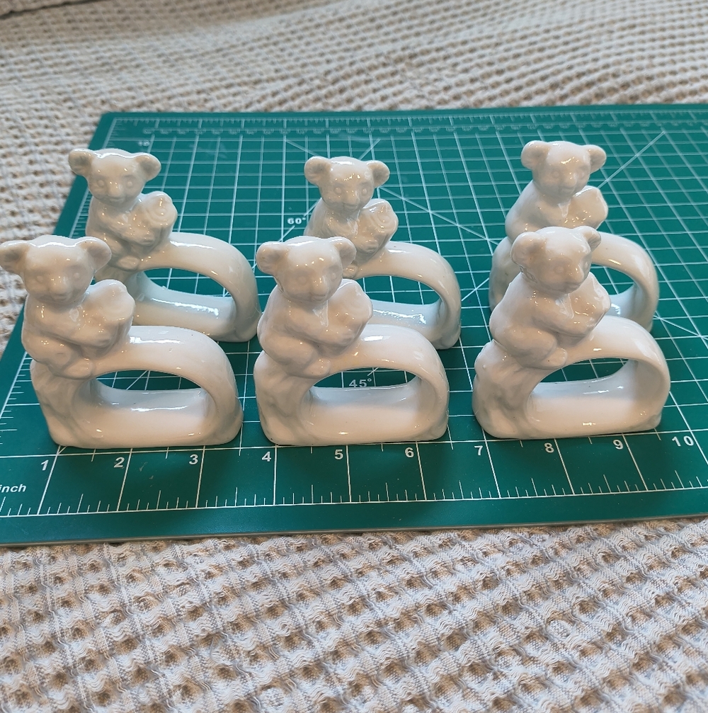 Vintage Ceramic White Koala Bear Hugging Tree Napkin Rings Set of 6